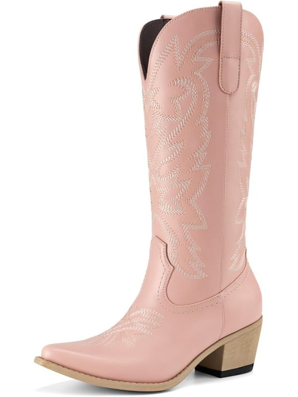 Women's Pink Fashion Low Chunky Heel Snip Toe Embroidery Western Mid Calf Boots